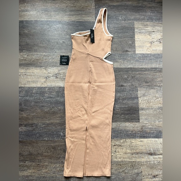 NWT Lulus Beige Color Block Ribbed One-Shoulder Midi Dress Small - Picture 3 of 7